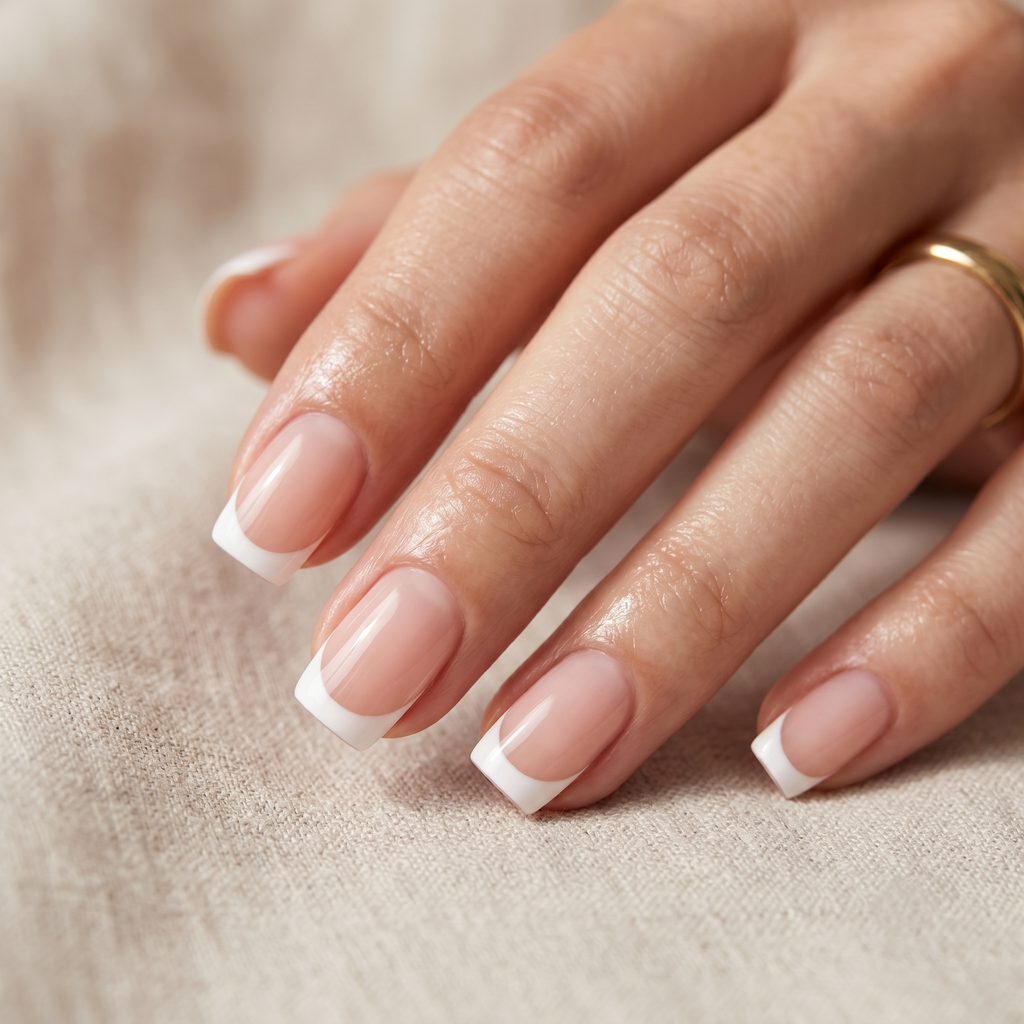 Square French Nails In Nude And White