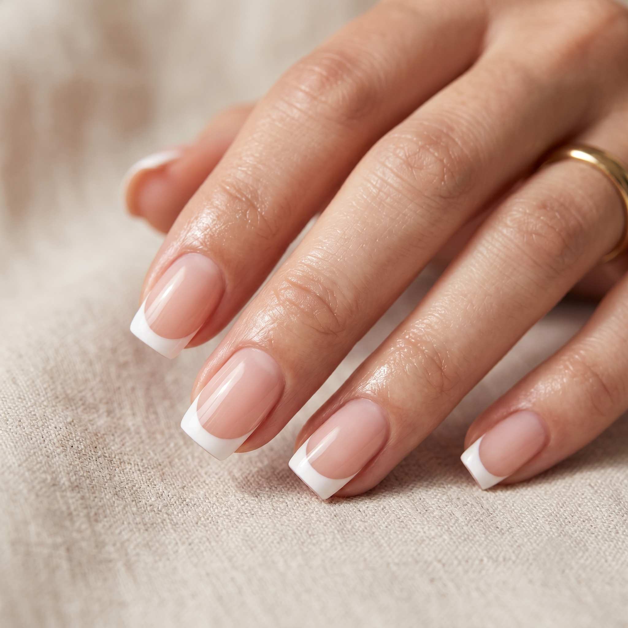 Square French Nails In Nude And White