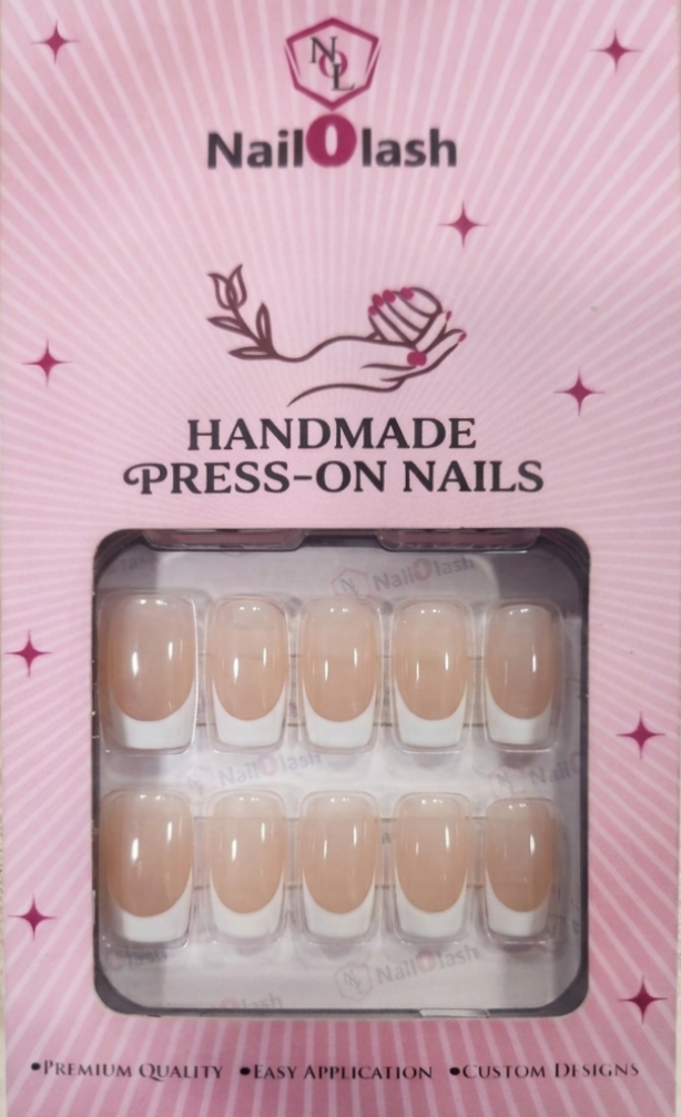 Square French Nails In Nude And White