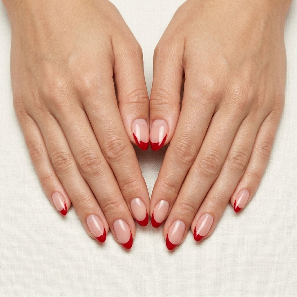 Nude Pink Nails With Red French Tips