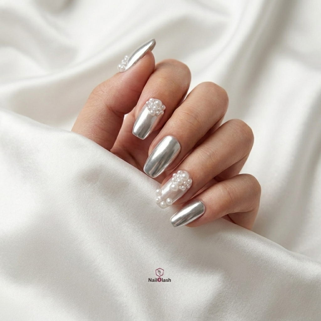 Metallic Silver Nails With Pearl Details