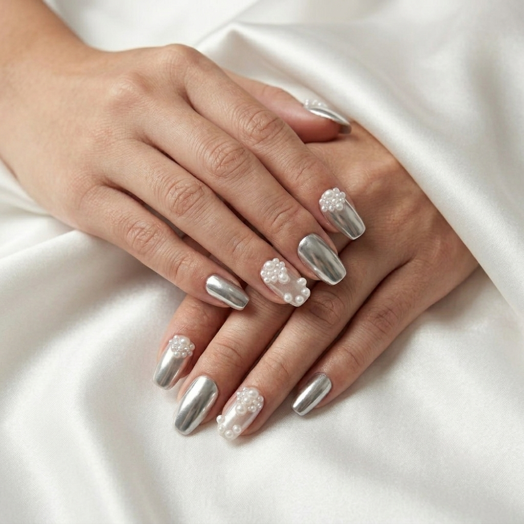 Metallic Silver Nails With Pearl Details