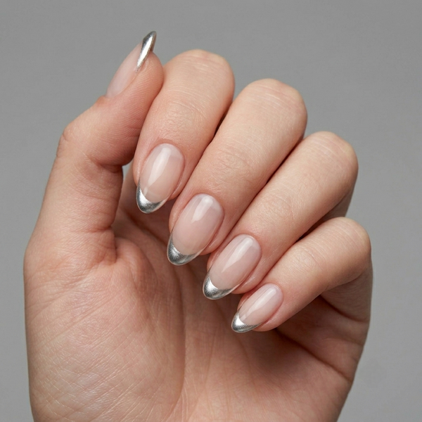 Almond French Nails With Silver Tips NailOLash