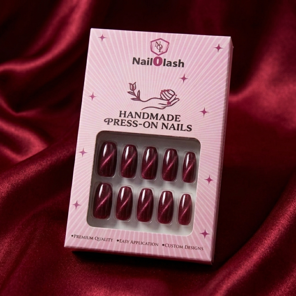 Burgundy Cat Eye Almond Nails