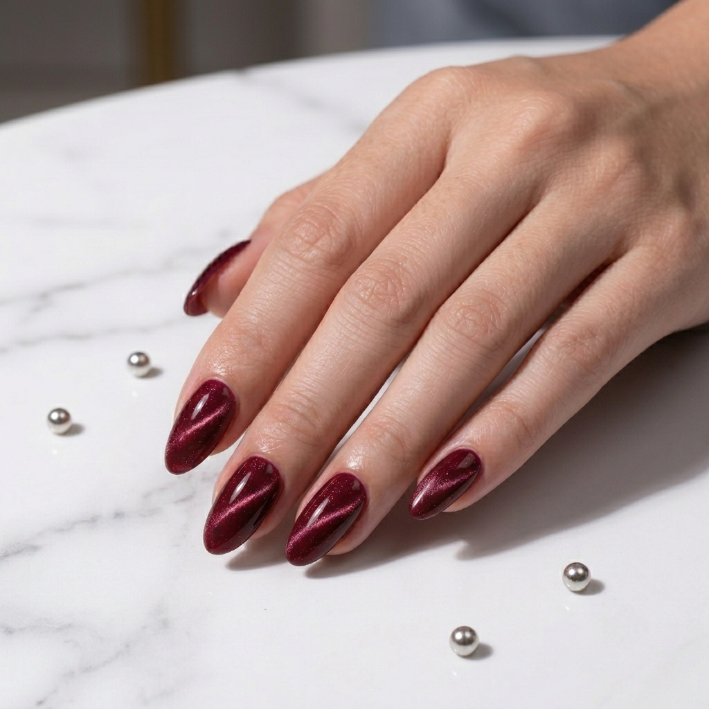 Burgundy Metallic Cat Eye Nails