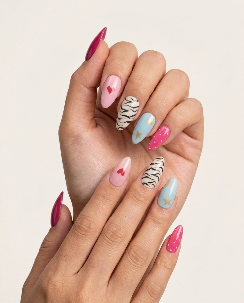 Pink, Blue, Zebra Print Almond Nails Nail O Lash