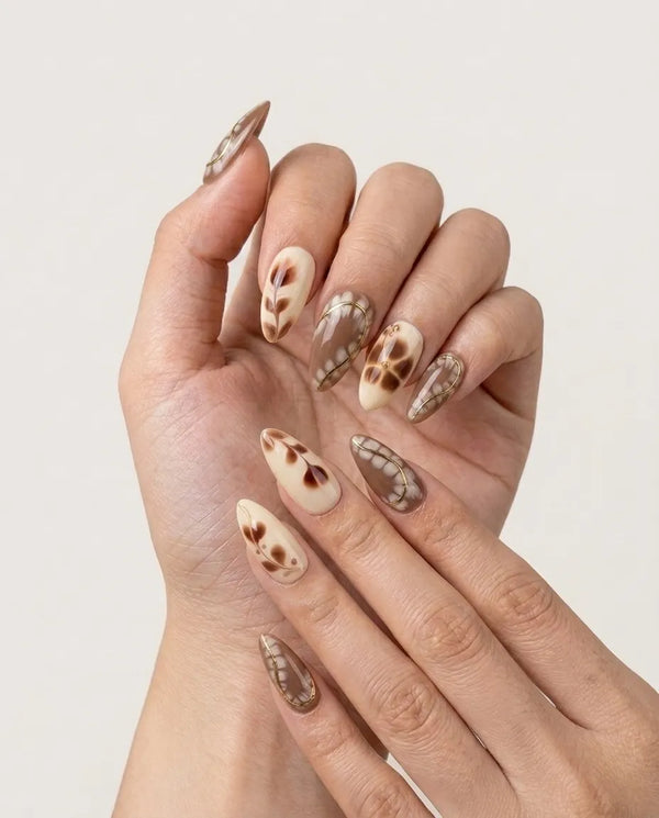 Almond Beige Marble Nails Nail O Lash
