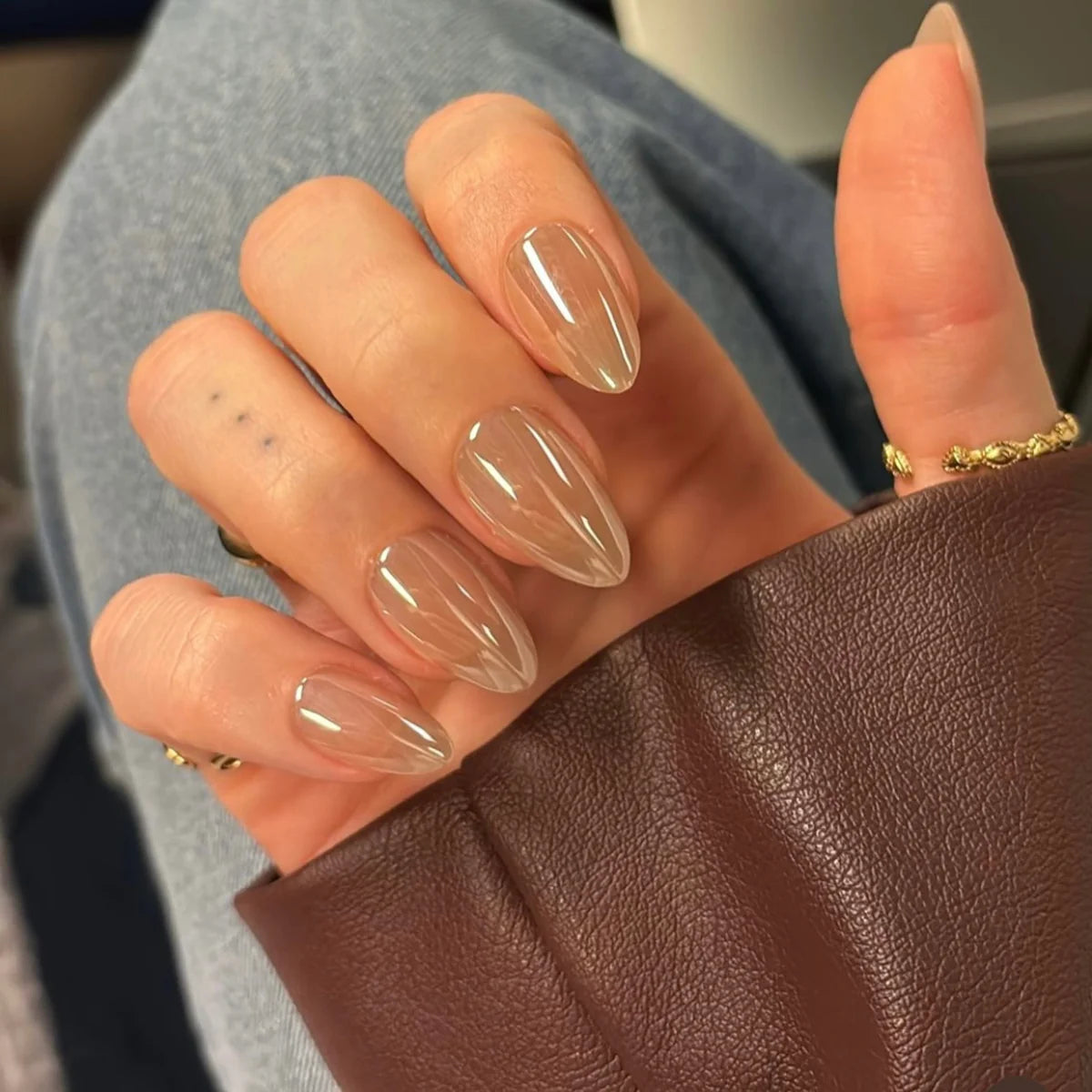 Glossy Almond Shaped Beige Nails