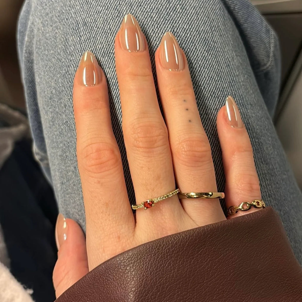 Glossy Almond Shaped Beige Nails