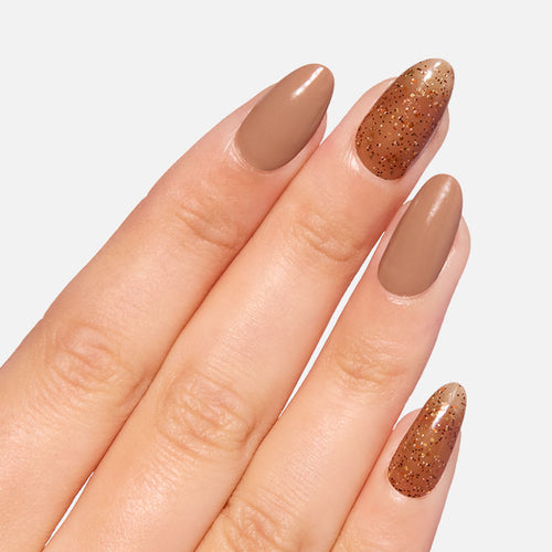 Beige Almond Nails With Bronze Glitter Nail O Lash