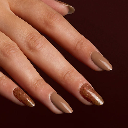 Beige Almond Nails With Bronze Glitter Nail O Lash