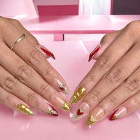 Red, Gold, And Nude Almond Nails Nail O Lash