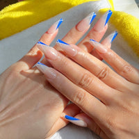 Long Almond Nails With Blue Outline Tips City Pink Nailshop