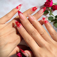 Pink Almond Nails With Red Floral Tips Nail O Lash